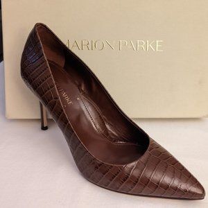 MARION PARKE Must Have 85 Crocodile Print Leather Stiletto Pump in Brown Sz 38